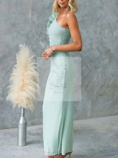 One-Shoulder Floral Trim Sleeveless Maxi Dress
