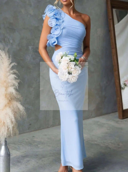 One-Shoulder Floral Trim Sleeveless Maxi Dress
