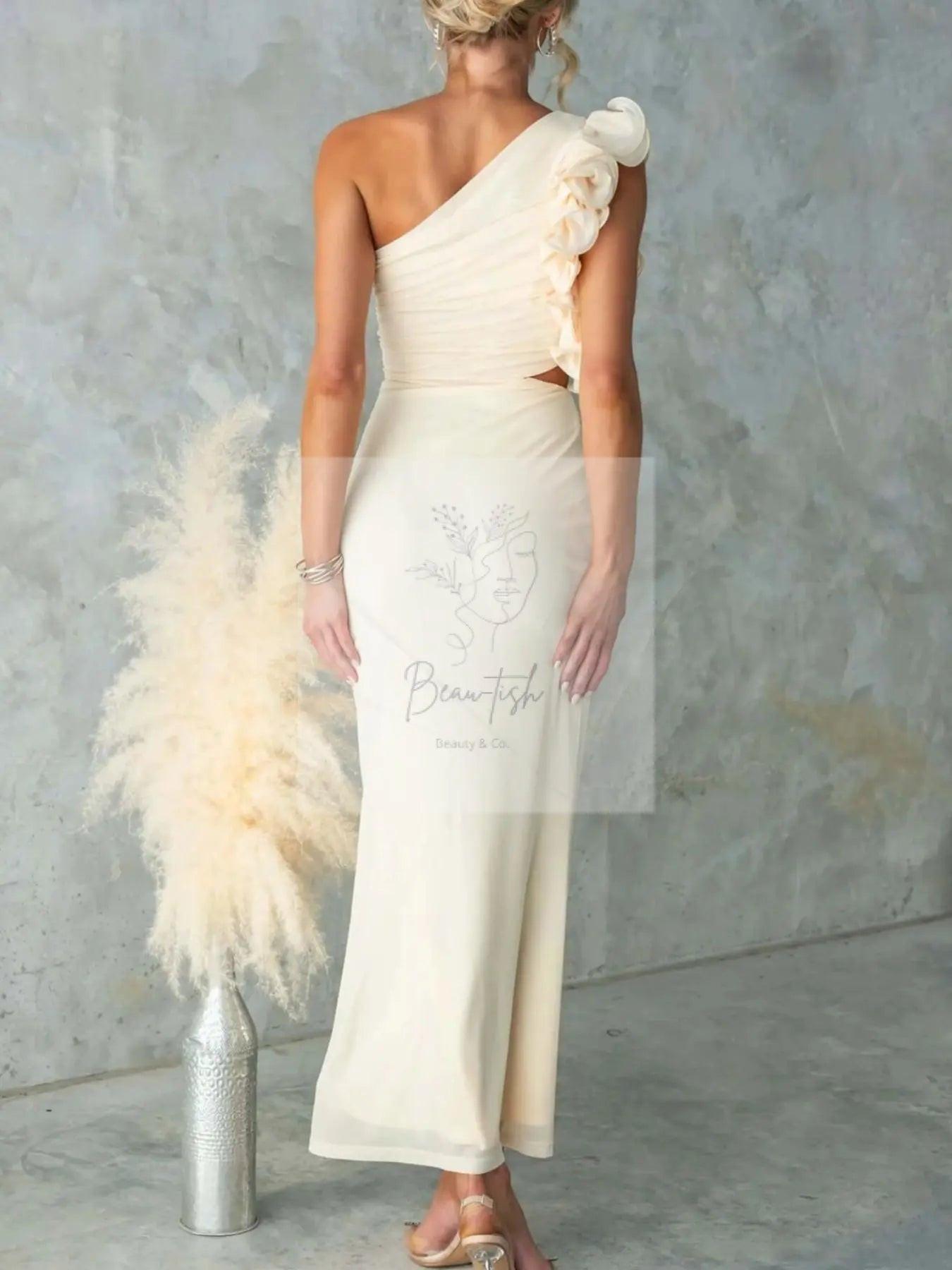 One-Shoulder Floral Trim Sleeveless Maxi Dress