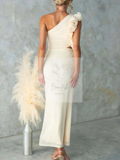One-Shoulder Floral Trim Sleeveless Maxi Dress