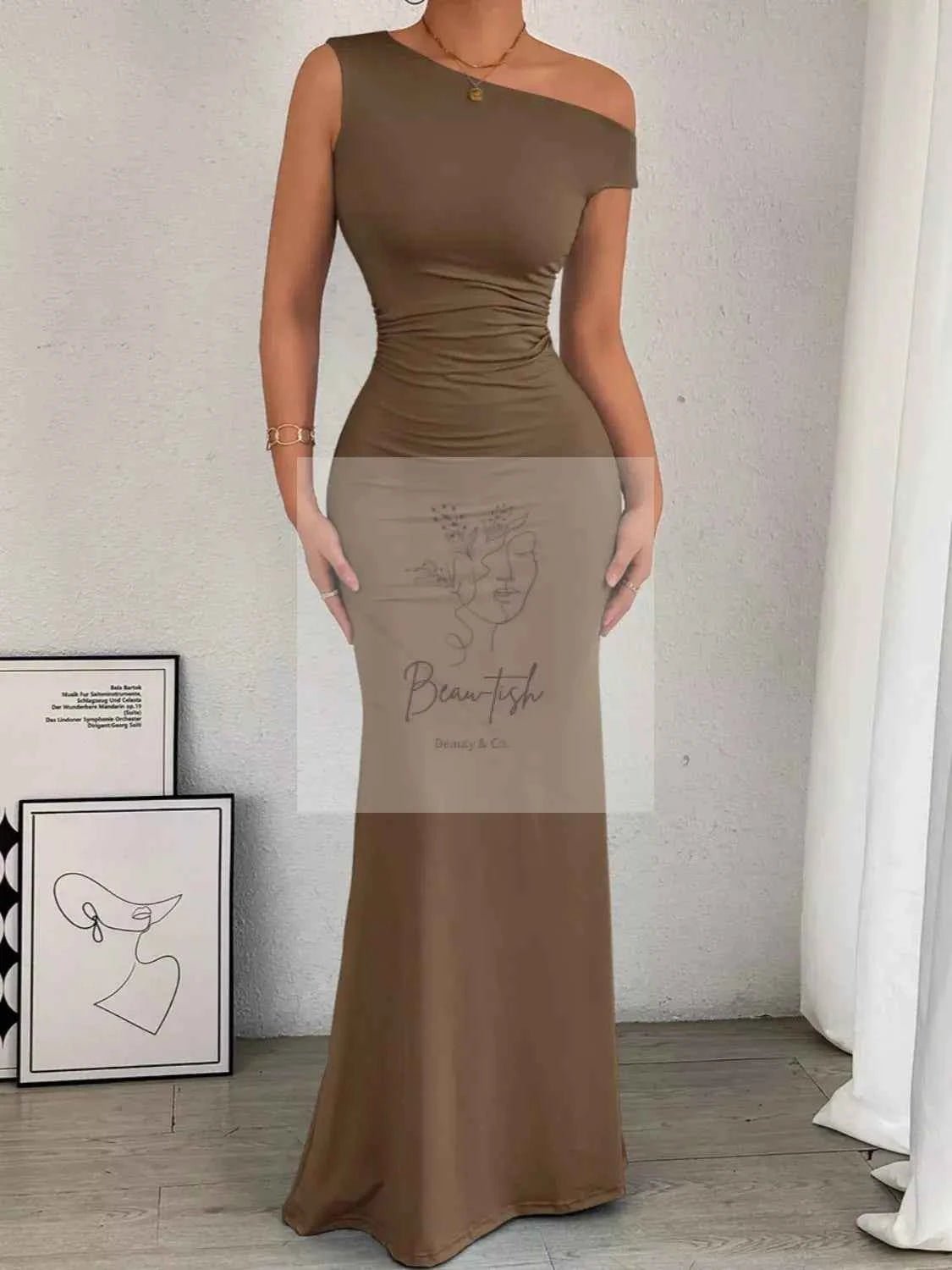 One - Shoulder Ruched Bodycon Maxi Dress
