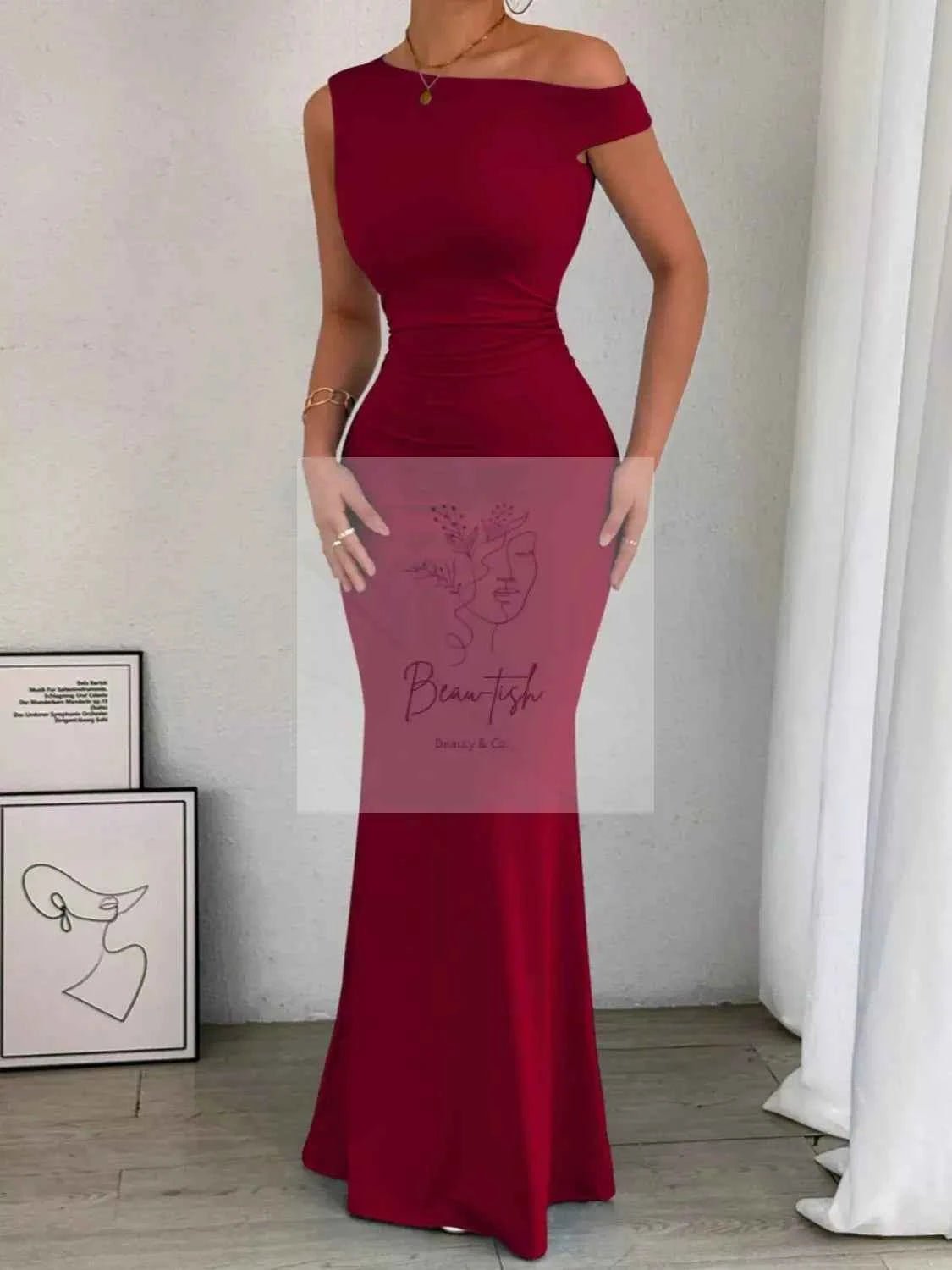 One - Shoulder Ruched Bodycon Maxi Dress