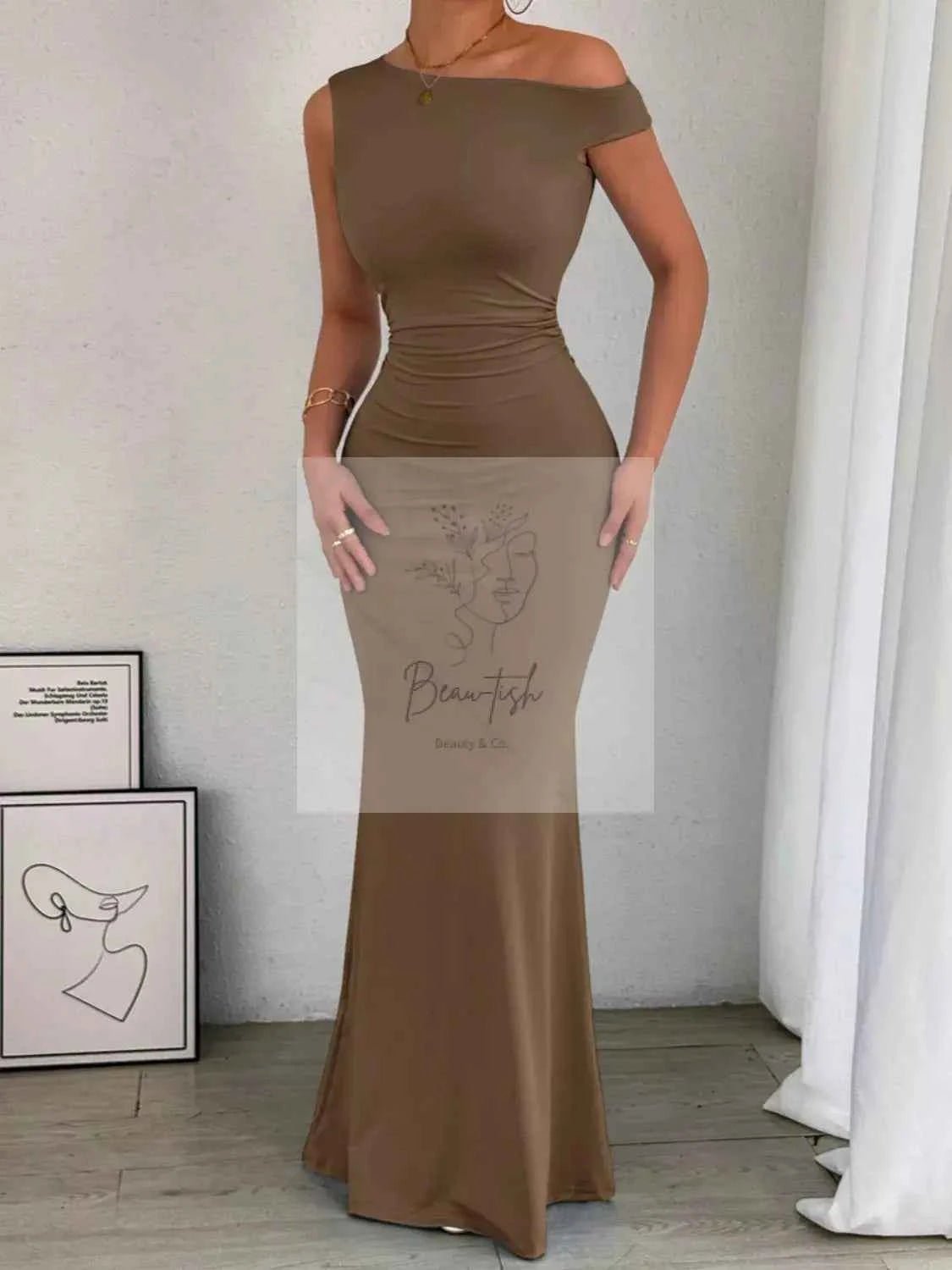 One - Shoulder Ruched Bodycon Maxi Dress