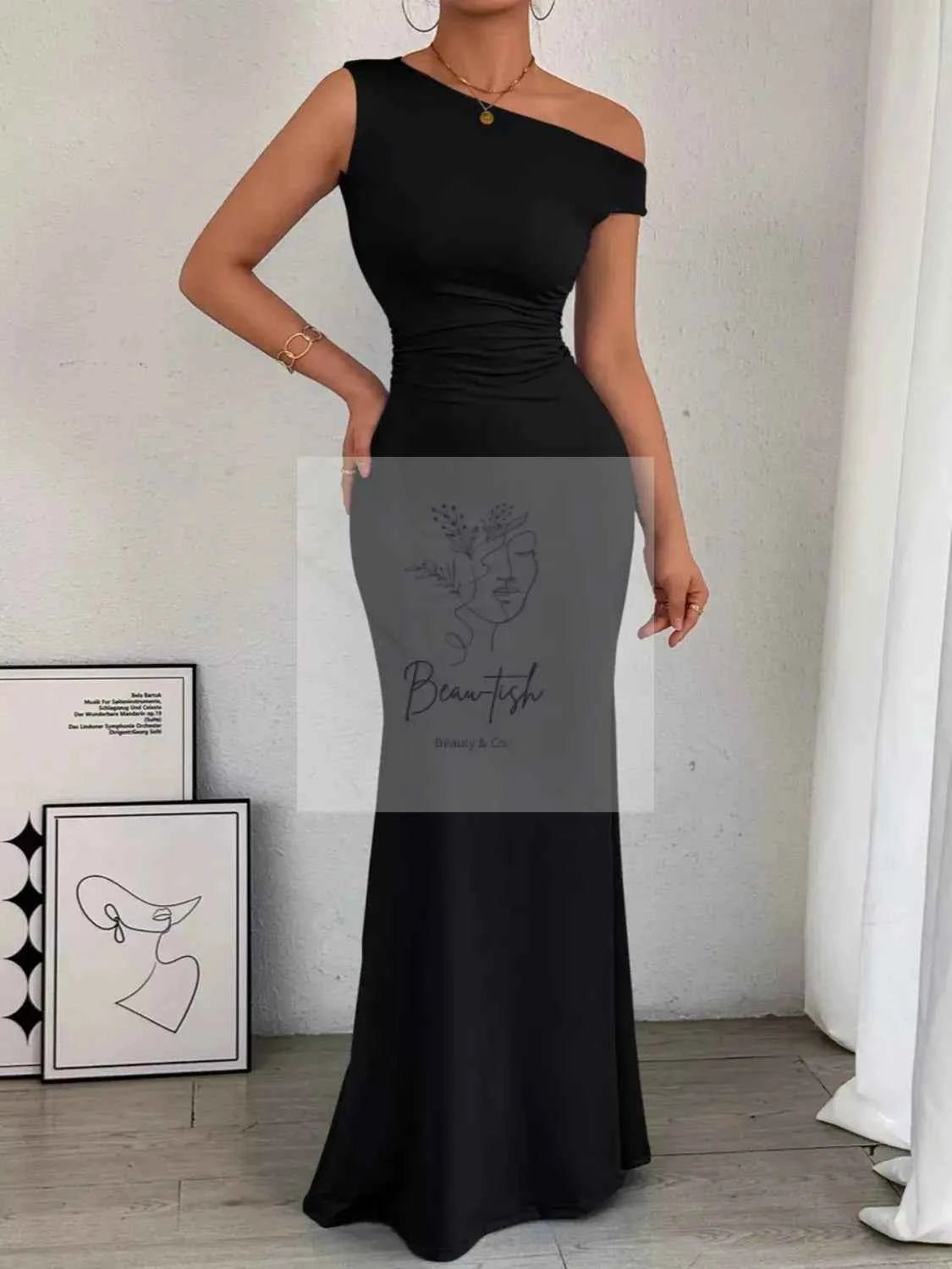 One - Shoulder Ruched Bodycon Maxi Dress