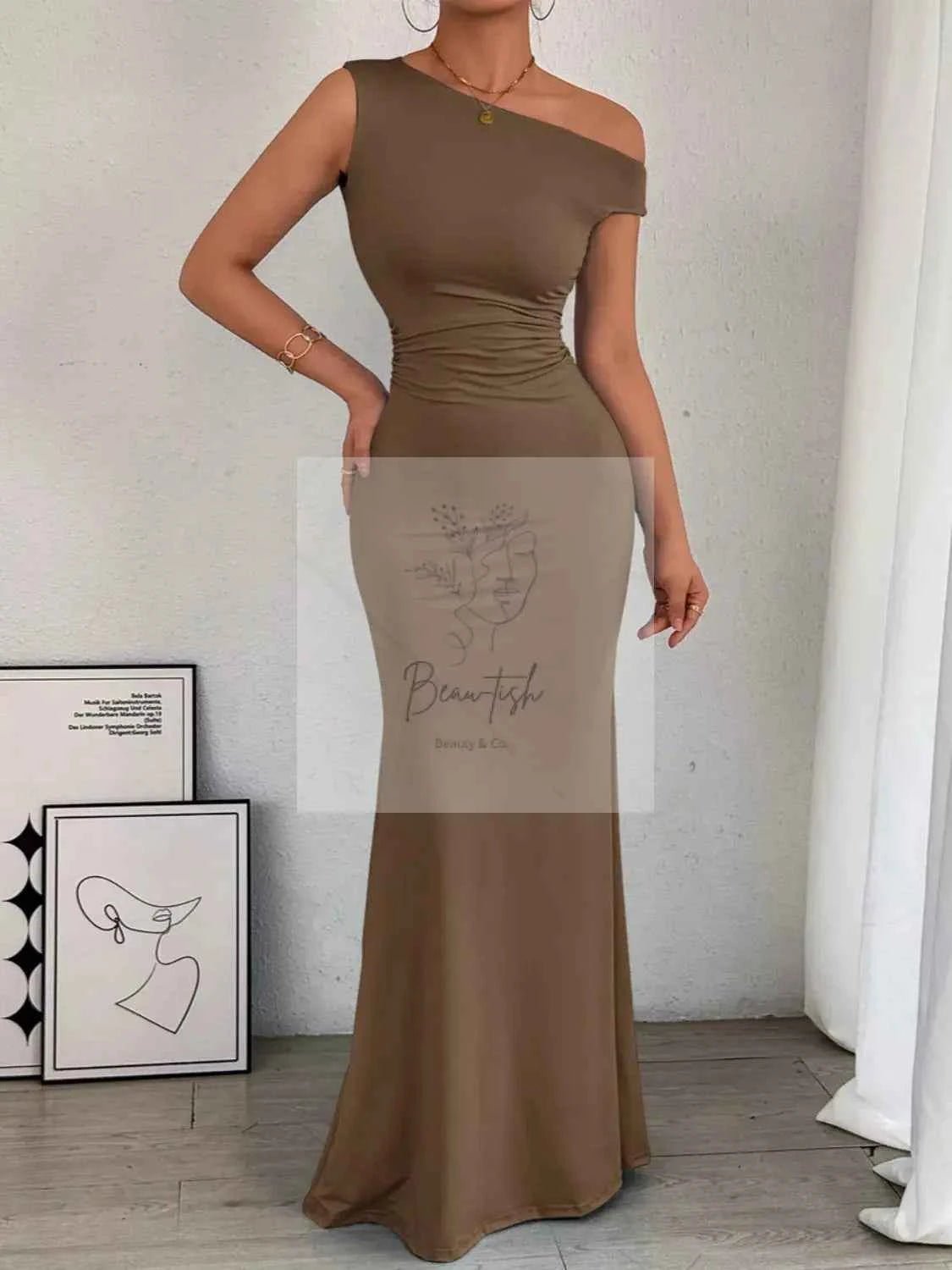One - Shoulder Ruched Bodycon Maxi Dress
