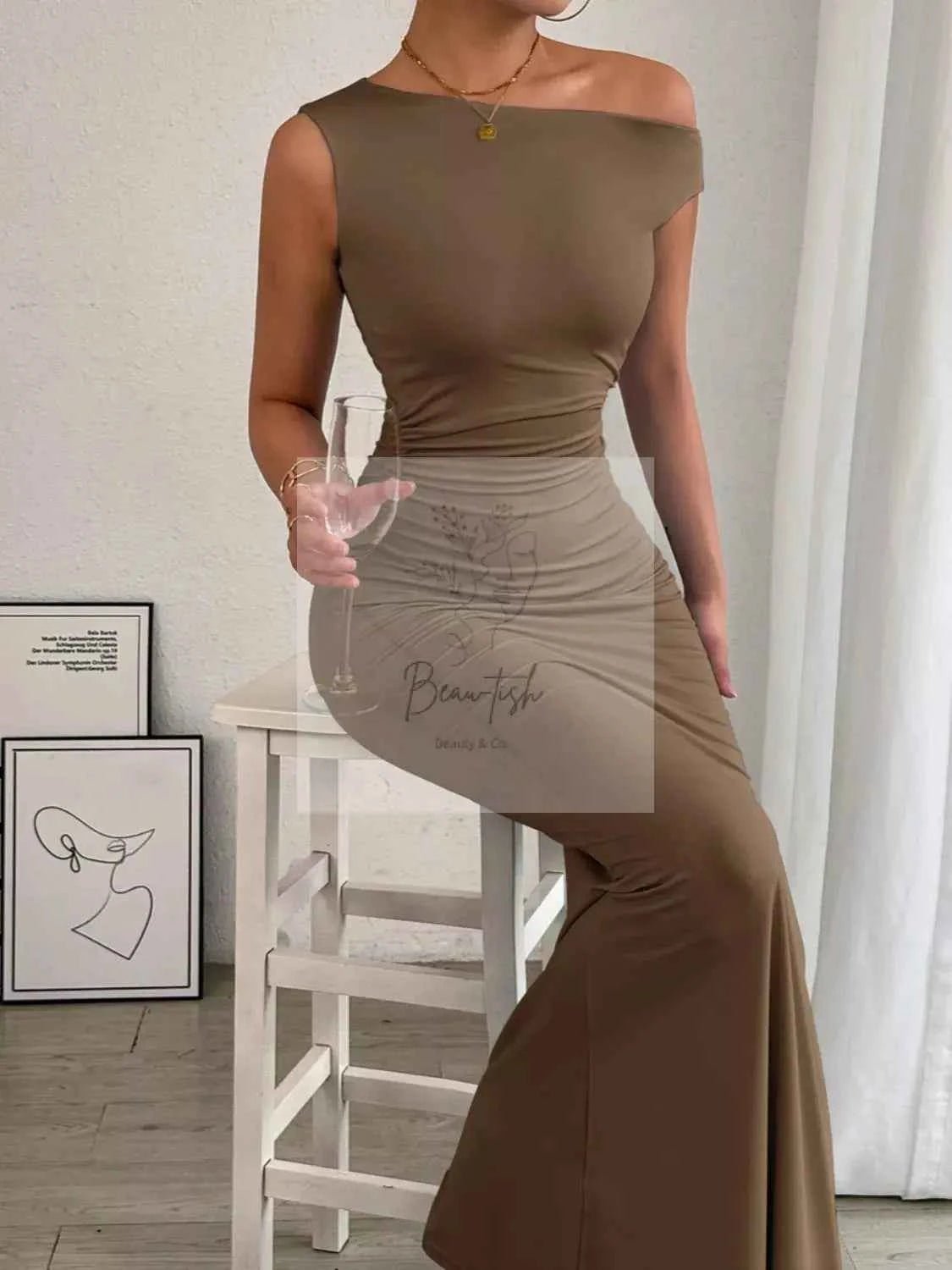 One - Shoulder Ruched Bodycon Maxi Dress