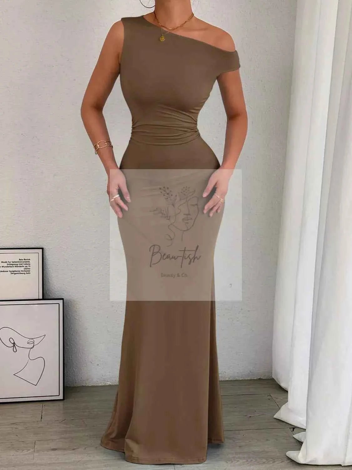 One - Shoulder Ruched Bodycon Maxi Dress