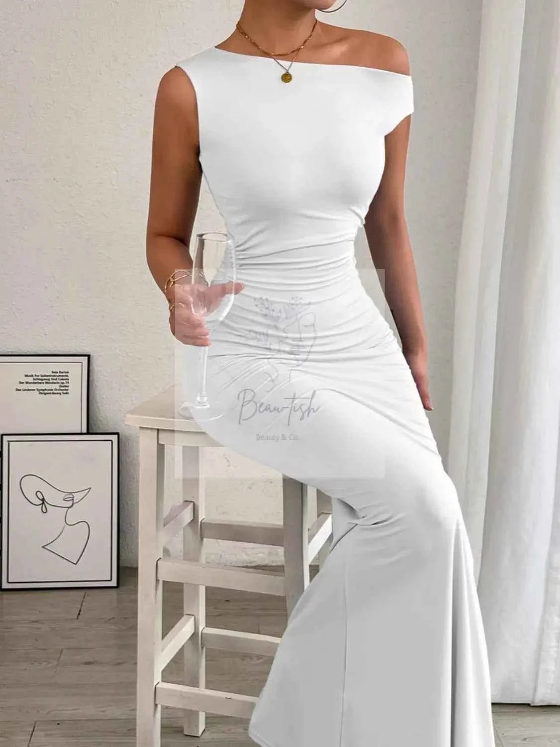 One - Shoulder Ruched Bodycon Maxi Dress