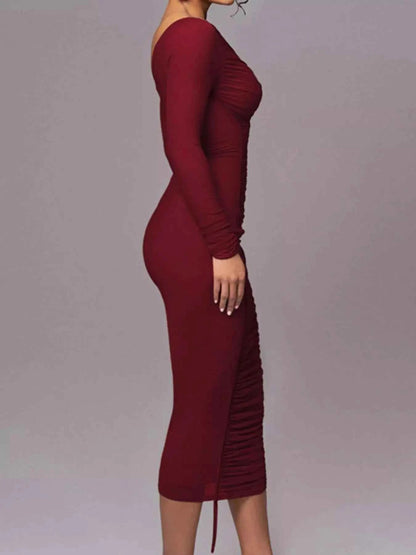One-Shoulder Ruched Bodycon Midi Dress