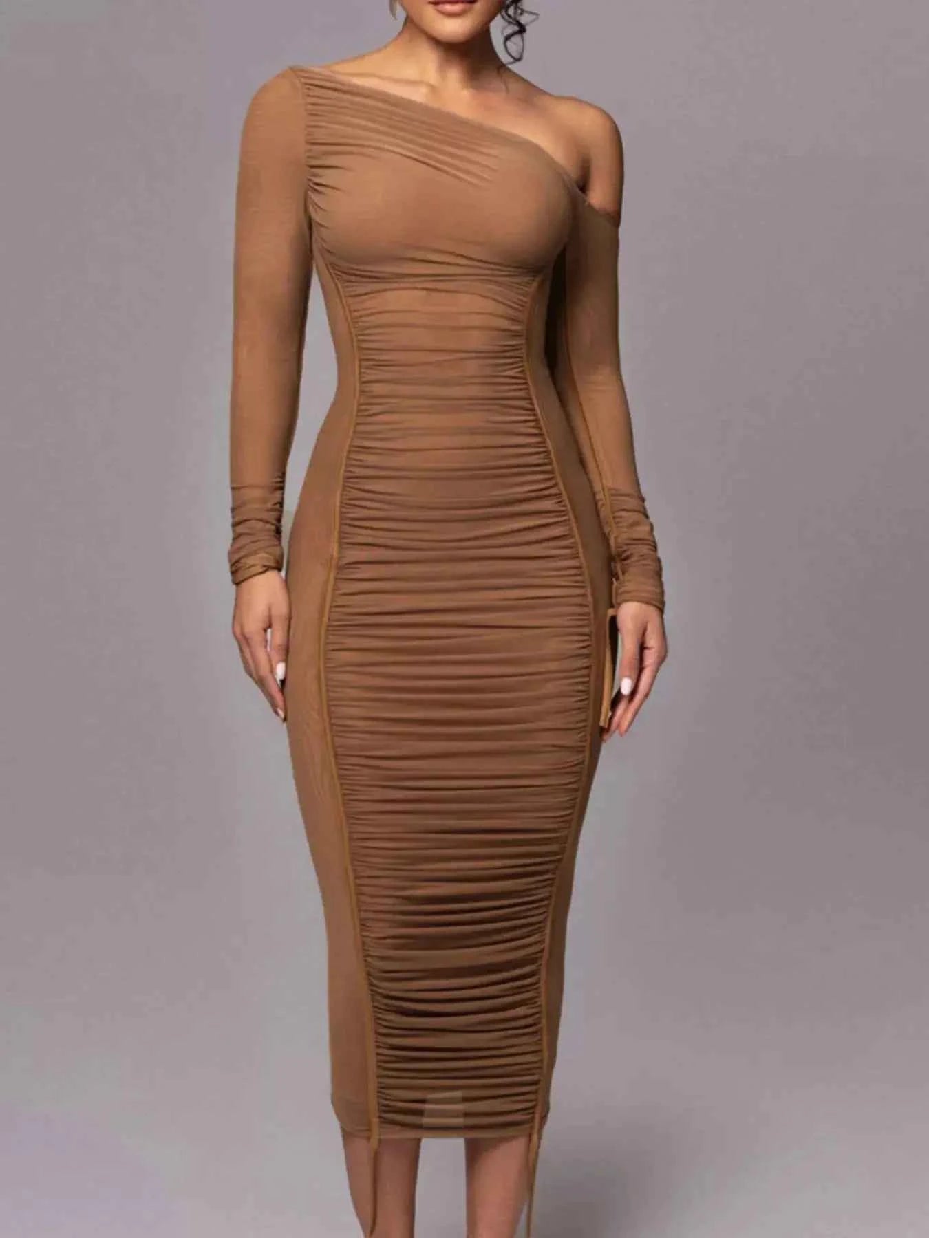 One-Shoulder Ruched Bodycon Midi Dress