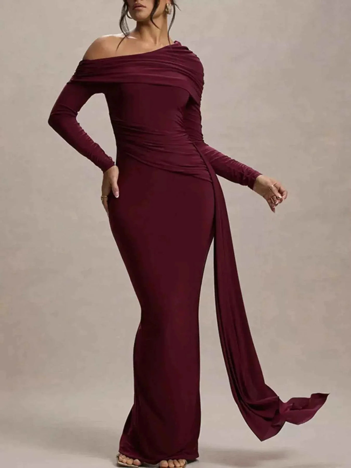 One-Shoulder Ruched Maxi Dress in deep burgundy polyester with asymmetrical neckline, long sleeve, ruching detail, and side slit.