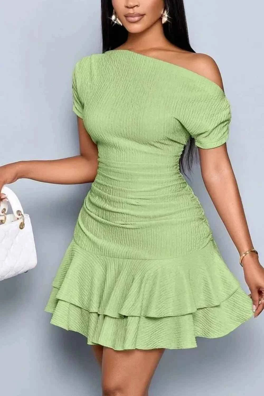 One-Shoulder Ruffle Hem Mini Dress