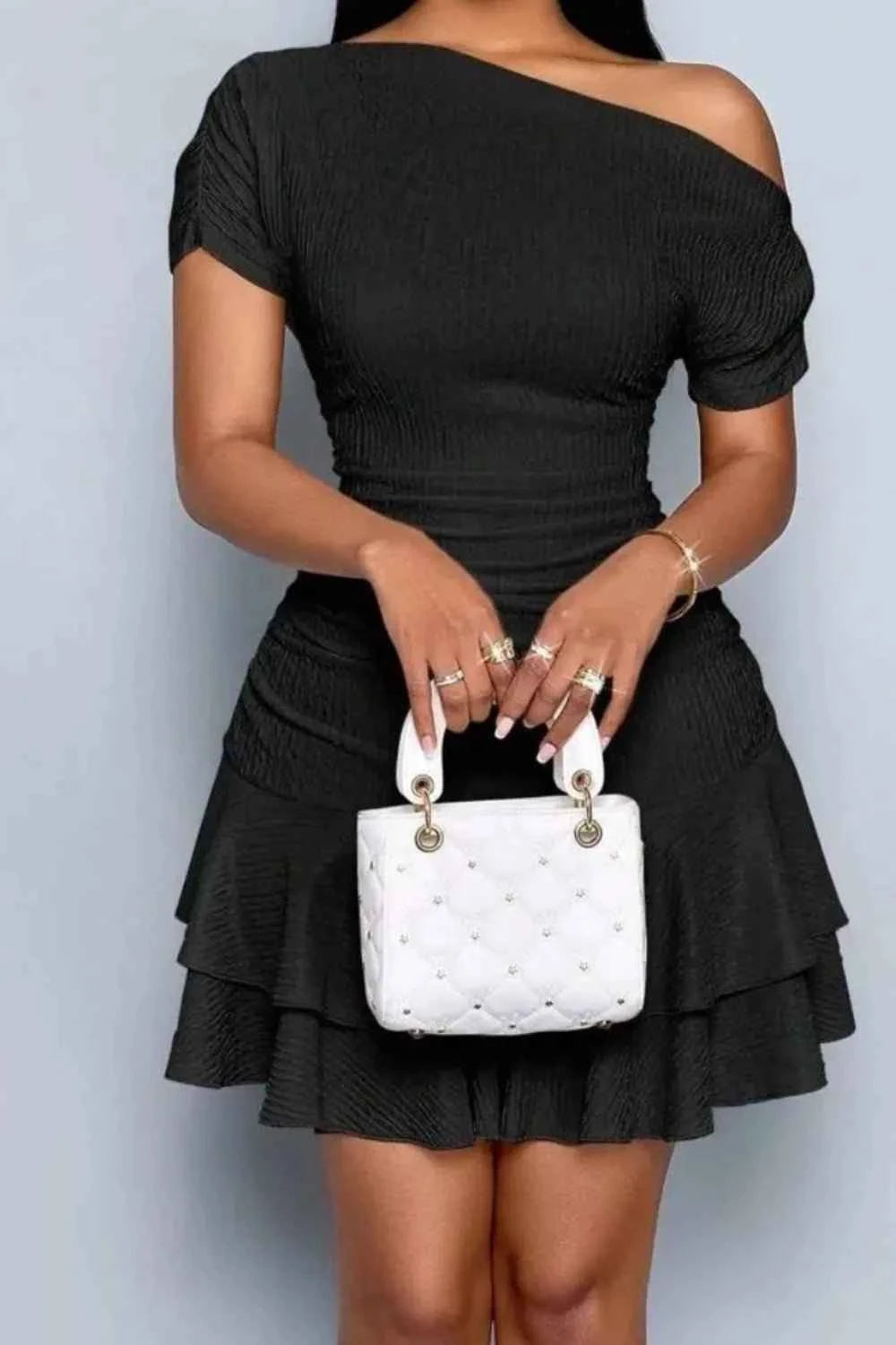 One-Shoulder Ruffle Hem Mini Dress