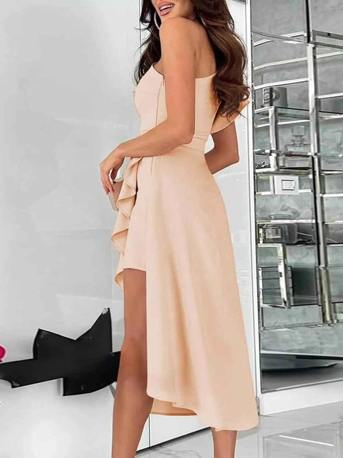 One-Shoulder Ruffle High-Low Dress