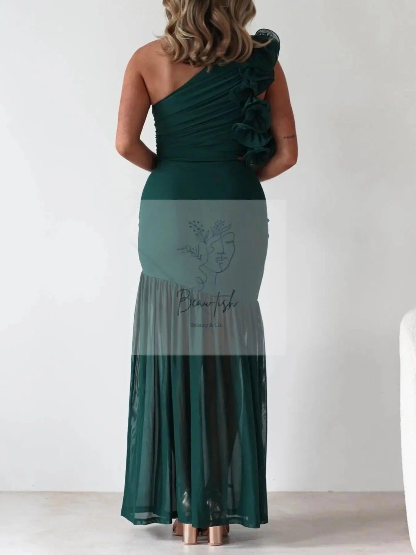 One-Shoulder Ruffle Trim Maxi Dress