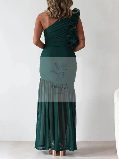 One-Shoulder Ruffle Trim Maxi Dress
