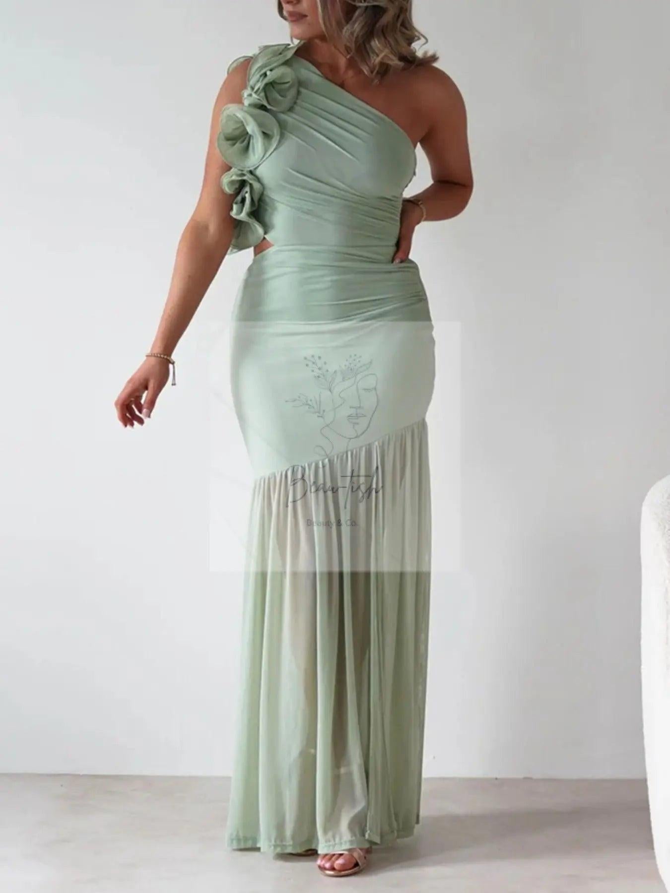 One-Shoulder Ruffle Trim Maxi Dress