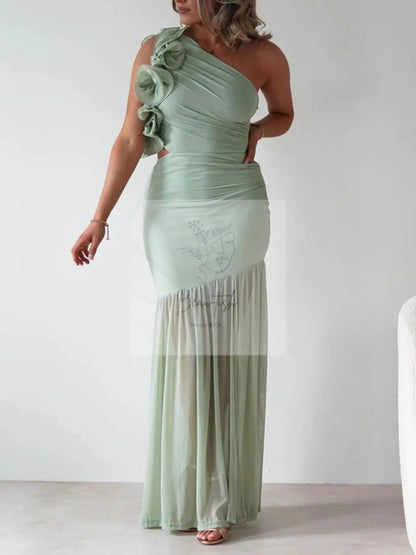 One-Shoulder Ruffle Trim Maxi Dress