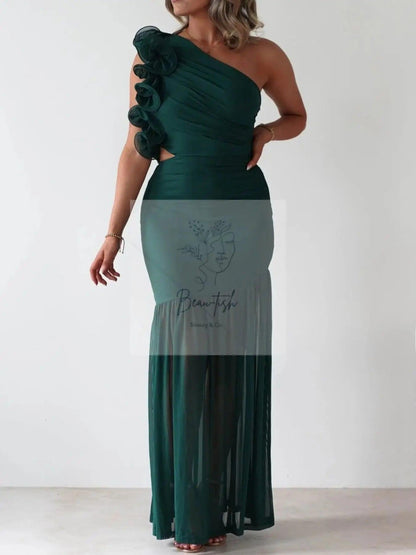 One-Shoulder Ruffle Trim Maxi Dress
