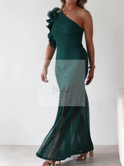 One-Shoulder Ruffle Trim Maxi Dress
