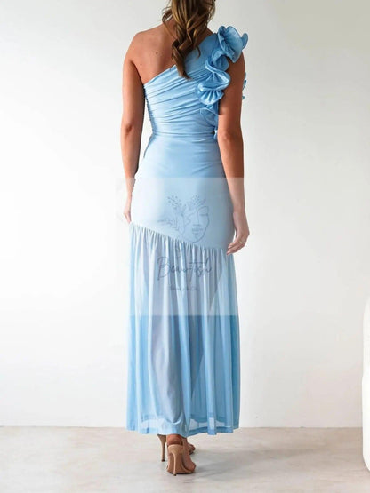 One-Shoulder Ruffle Trim Maxi Dress