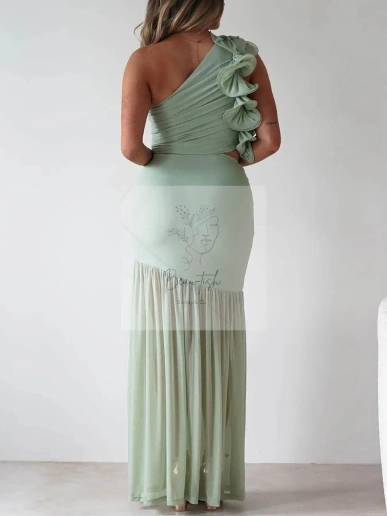 One-Shoulder Ruffle Trim Maxi Dress