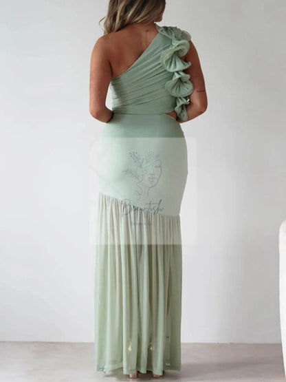 One-Shoulder Ruffle Trim Maxi Dress