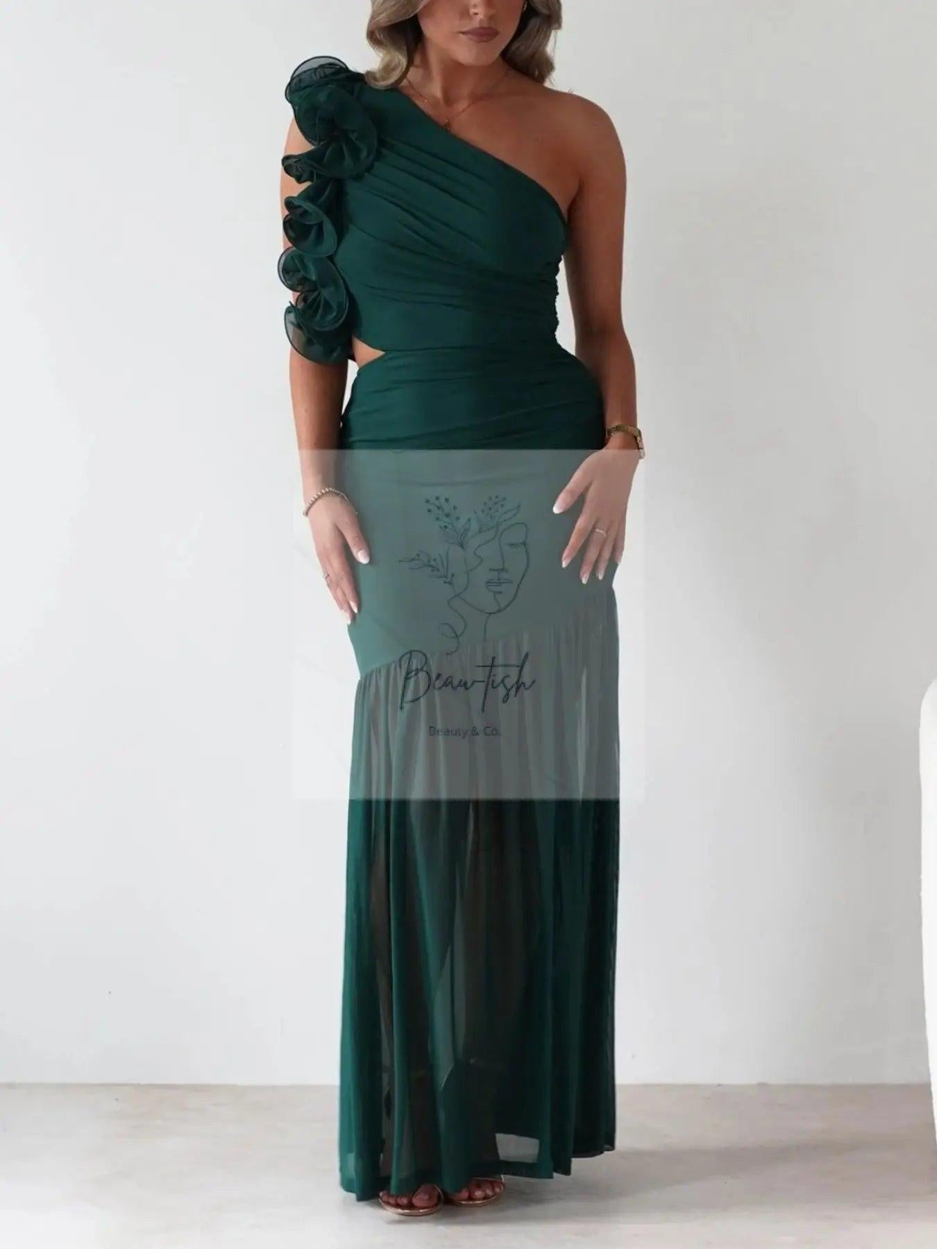 One-Shoulder Ruffle Trim Maxi Dress