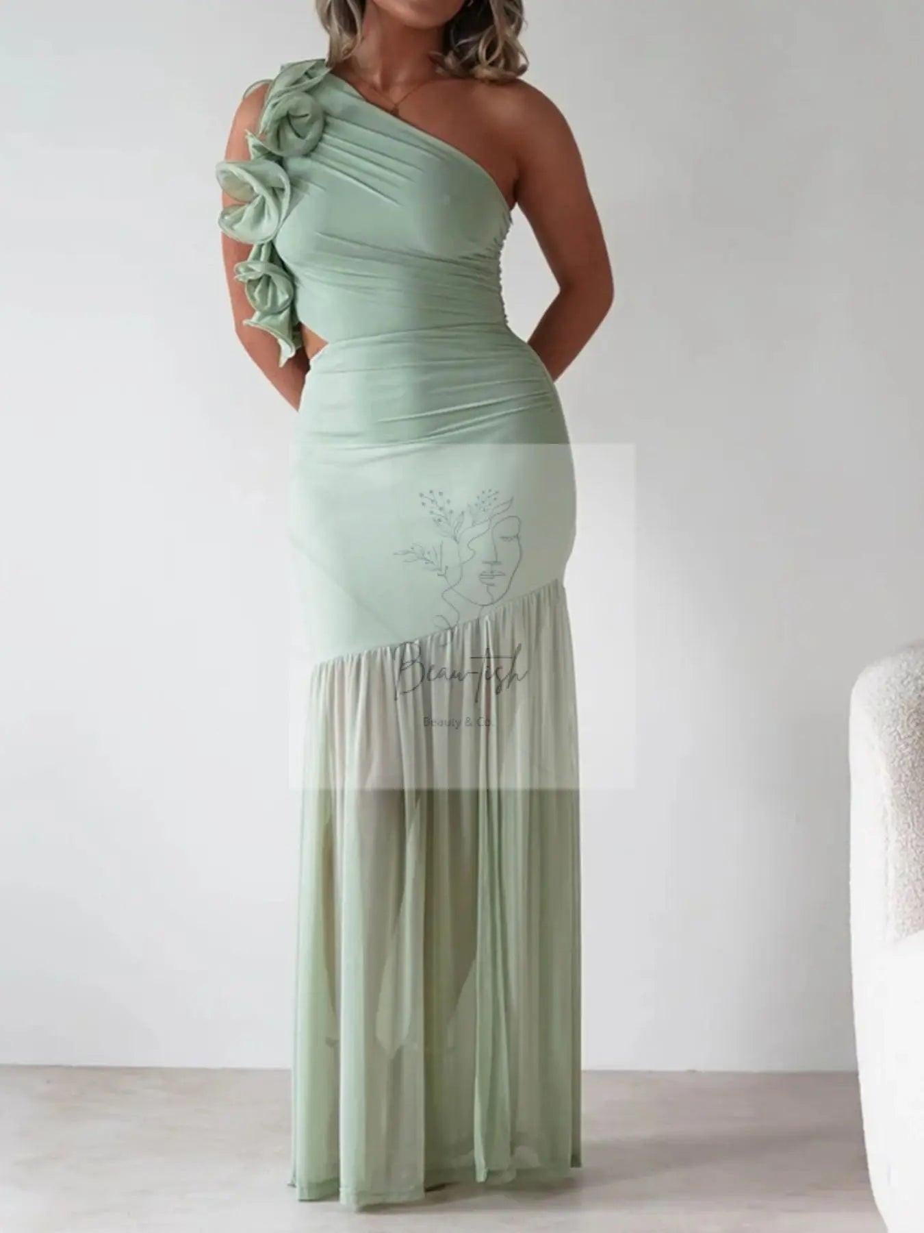One-Shoulder Ruffle Trim Maxi Dress