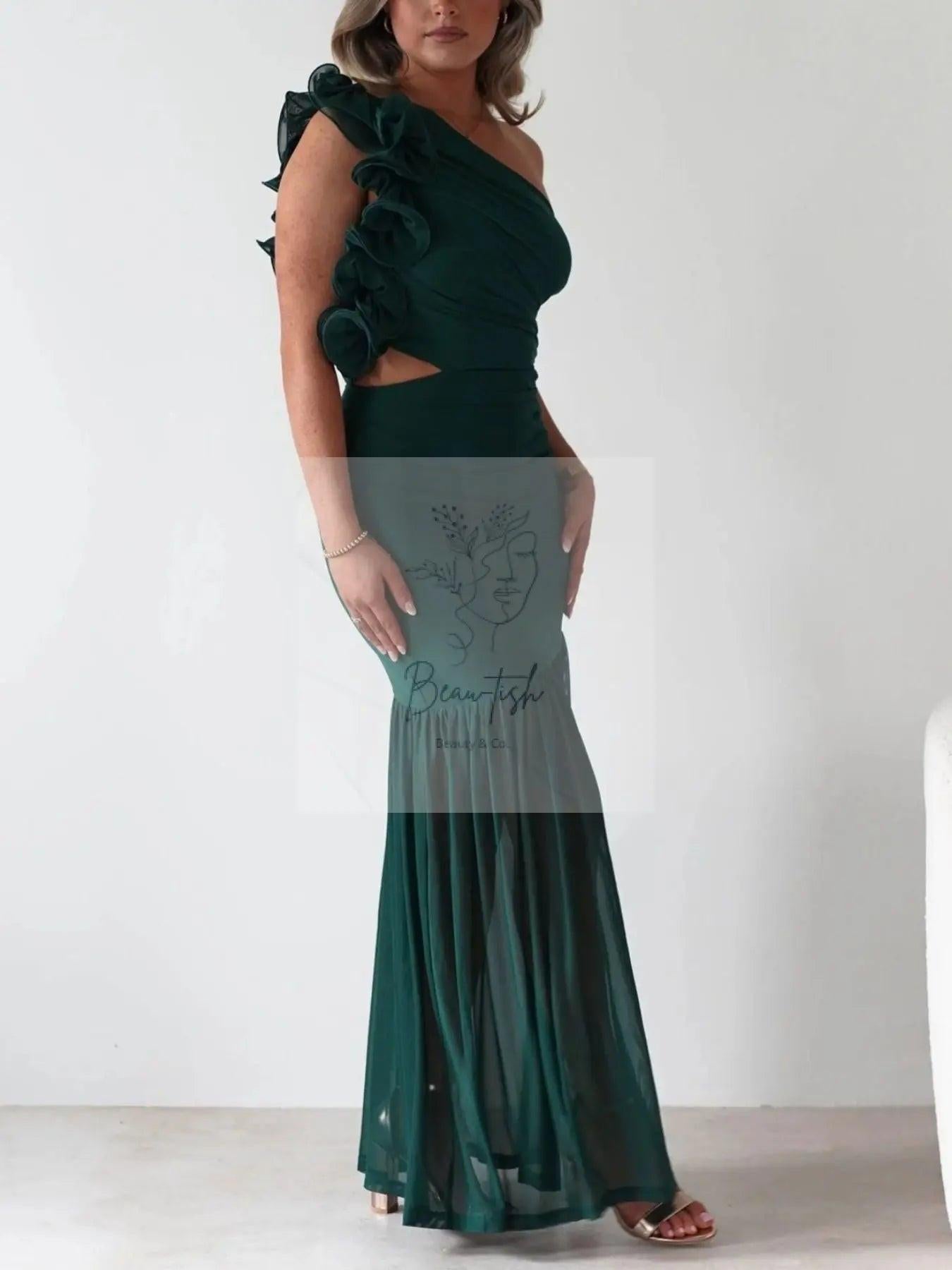 One-Shoulder Ruffle Trim Maxi Dress