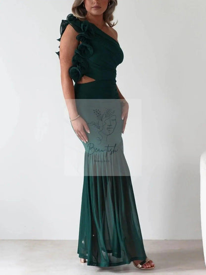 One-Shoulder Ruffle Trim Maxi Dress