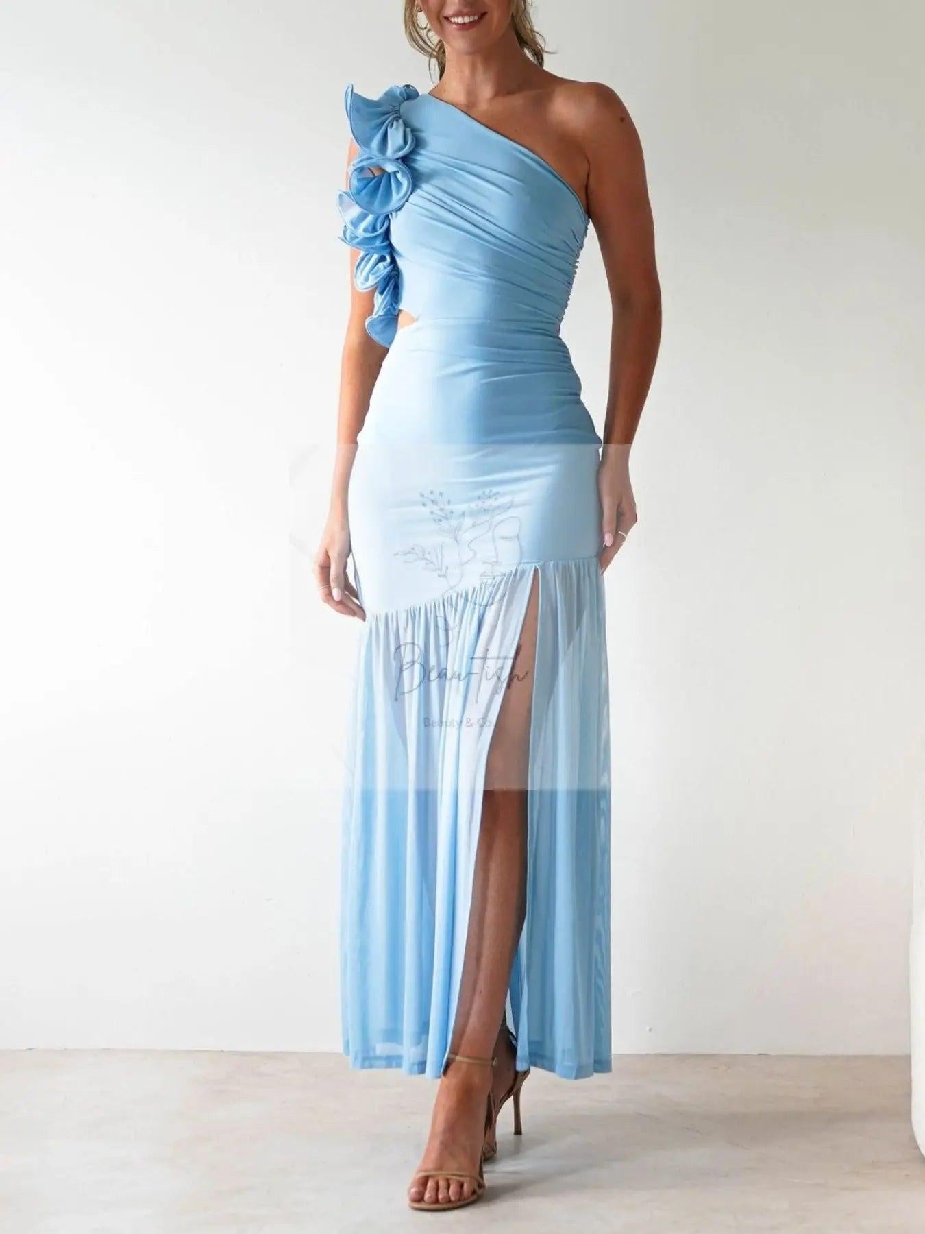 One-Shoulder Ruffle Trim Maxi Dress