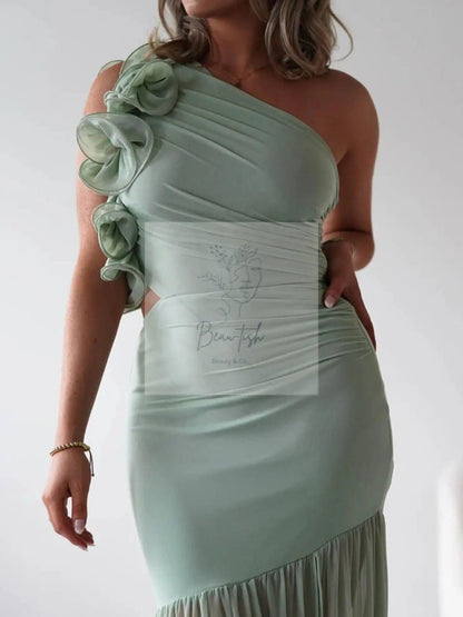 One-Shoulder Ruffle Trim Maxi Dress