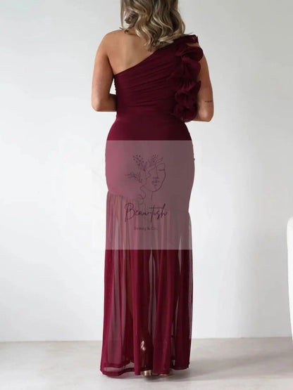 One-Shoulder Ruffle Trim Maxi Dress