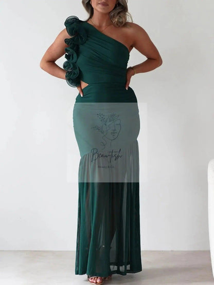 One-Shoulder Ruffle Trim Maxi Dress
