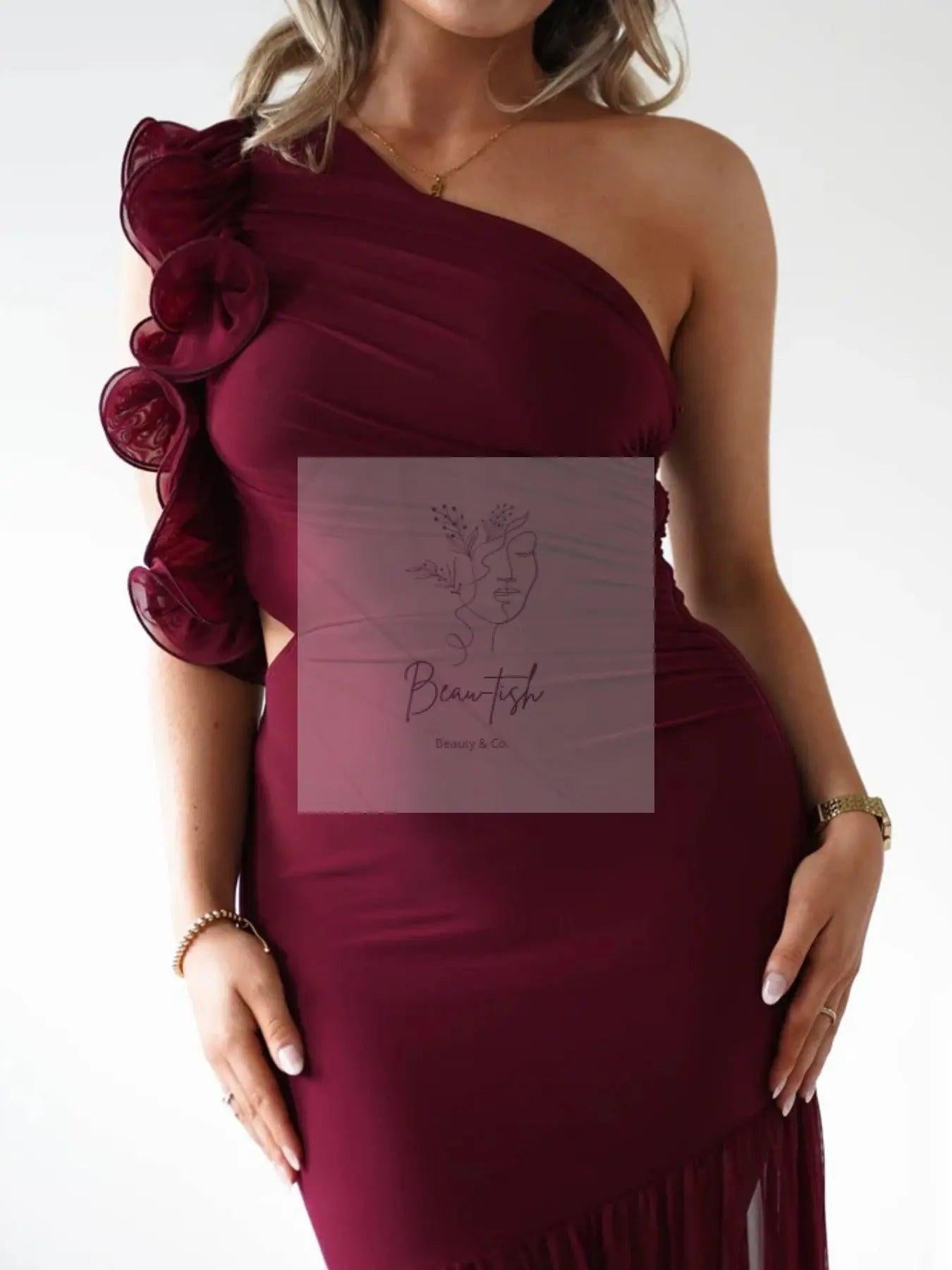 One-Shoulder Ruffle Trim Maxi Dress