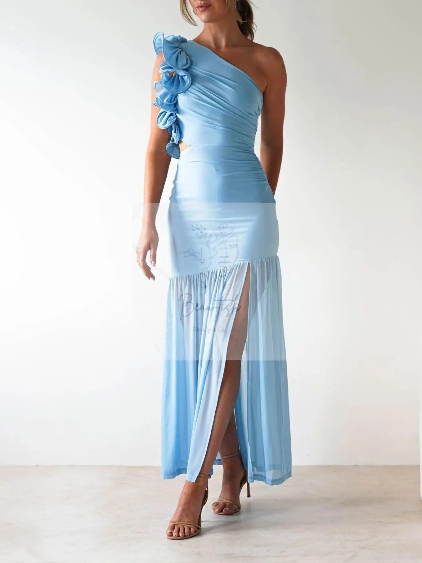 One-Shoulder Ruffle Trim Maxi Dress