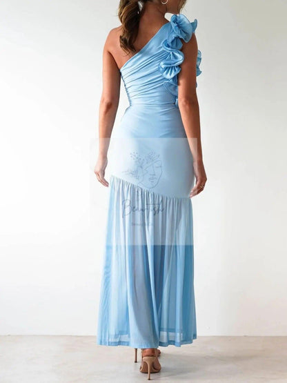 One-Shoulder Ruffle Trim Maxi Dress