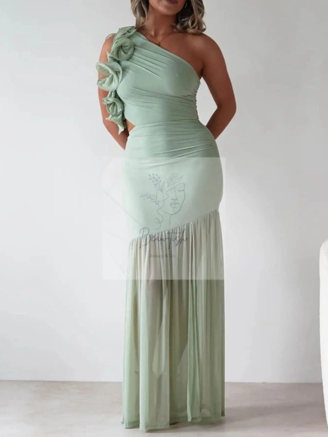 One-Shoulder Ruffle Trim Maxi Dress