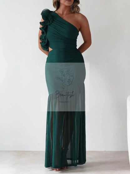 One-Shoulder Ruffle Trim Maxi Dress