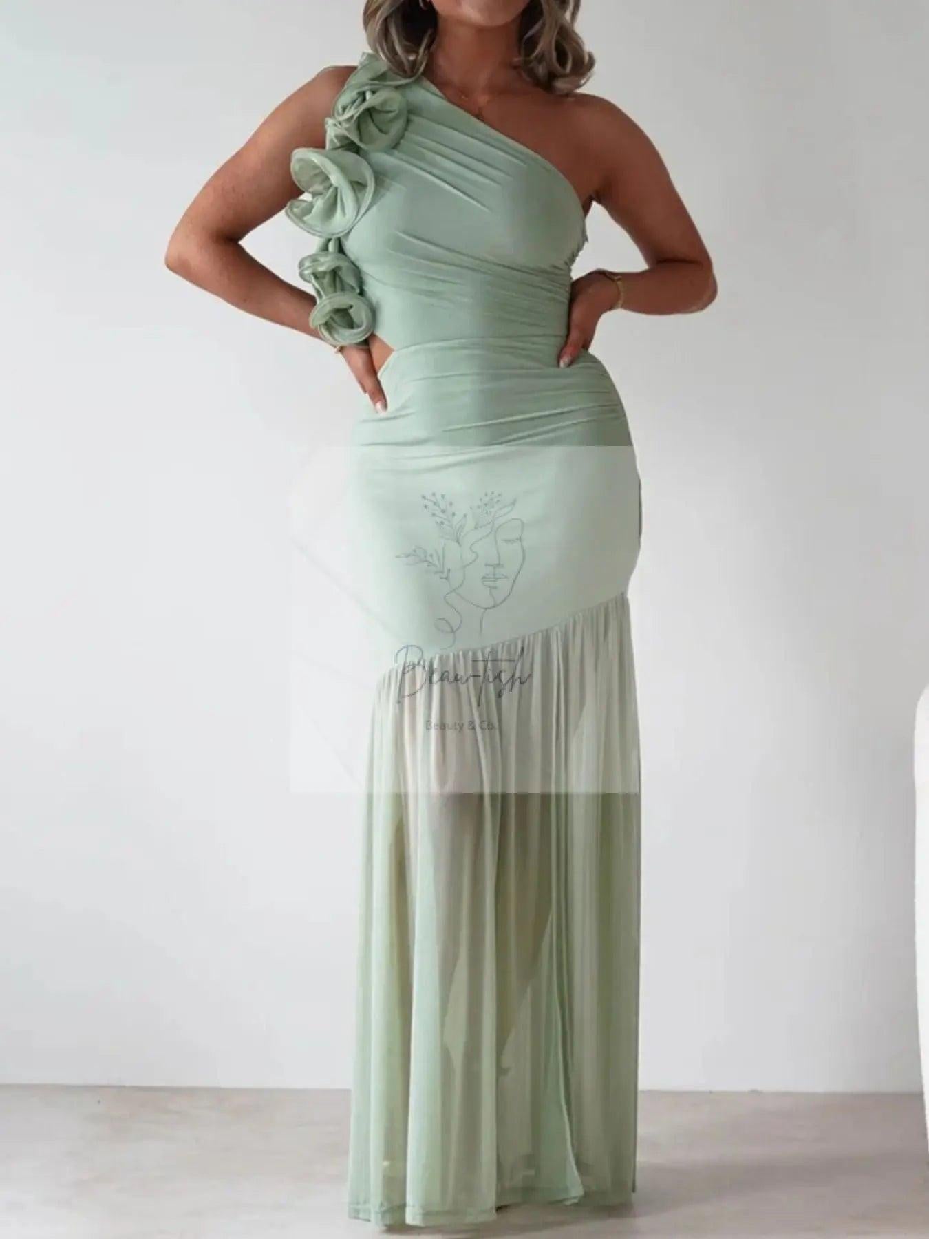 One-Shoulder Ruffle Trim Maxi Dress