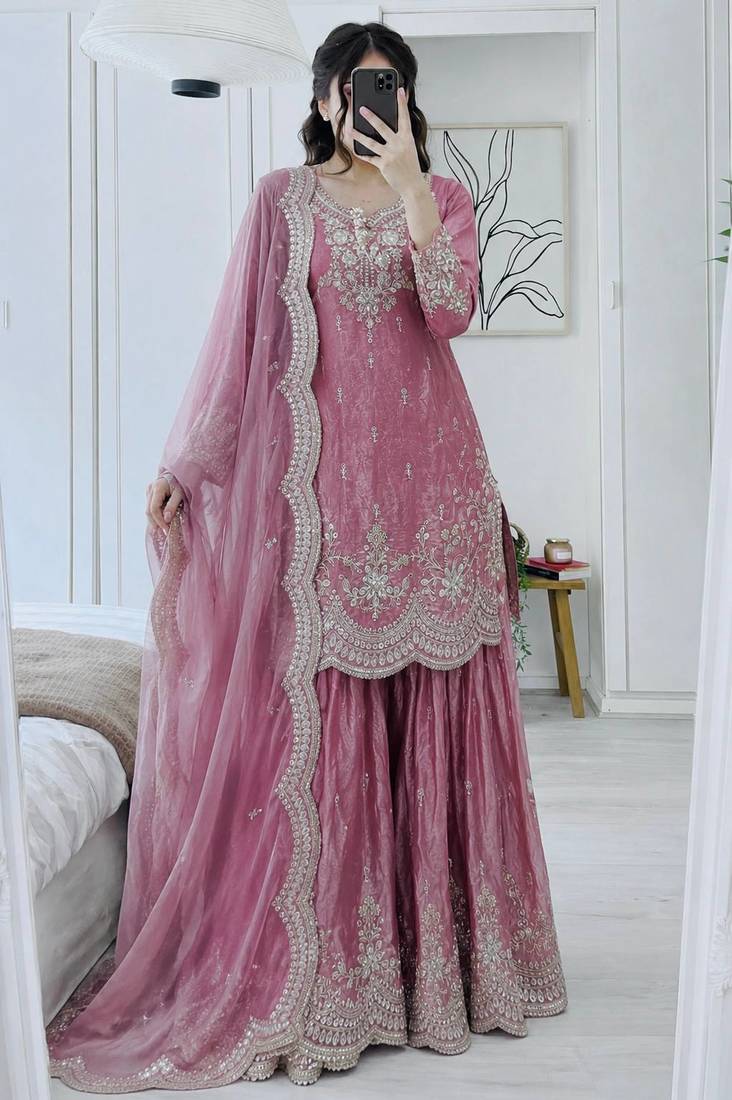 Onion Pink Embroidered Sharara Set