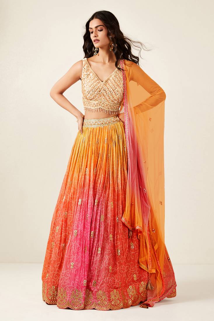 Orange & Pink Bandhani Organza Lehenga Choli Set