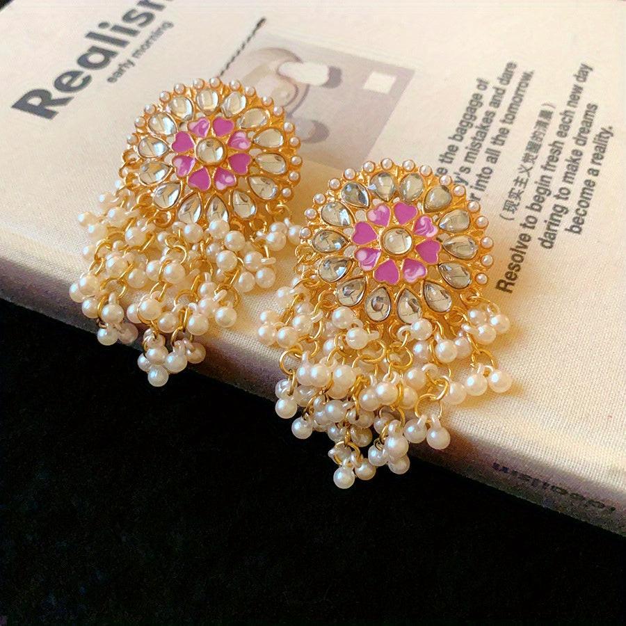 Pair of Luxurious Bohemian Vintage Ethnic Round Drop Earrings with Imitation Imitation Pearl, Gemstone Accents & Tassel Details
