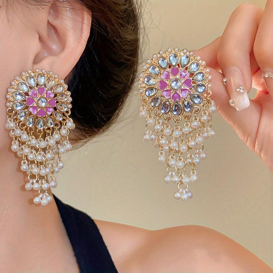 Pair of Luxurious Bohemian Vintage Ethnic Round Drop Earrings with Imitation Imitation Pearl, Gemstone Accents & Tassel Details