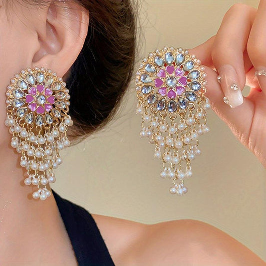 Pair of Luxurious Bohemian Vintage Ethnic Round Drop Earrings with Imitation Imitation Pearl, Gemstone Accents & Tassel Details