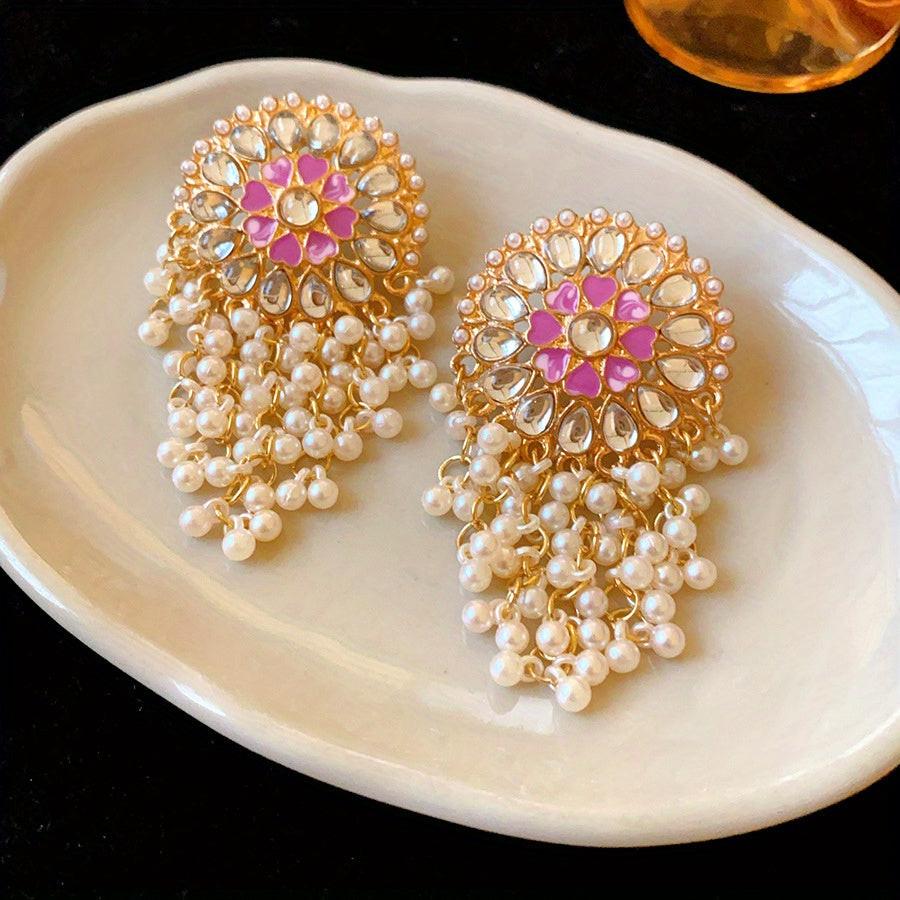 Pair of Luxurious Bohemian Vintage Ethnic Round Drop Earrings with Imitation Imitation Pearl, Gemstone Accents & Tassel Details