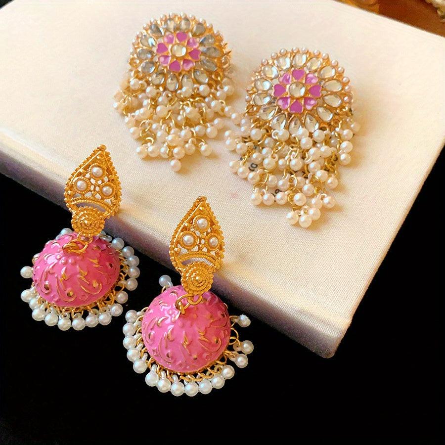Pair of Luxurious Bohemian Vintage Ethnic Round Drop Earrings with Imitation Imitation Pearl, Gemstone Accents & Tassel Details