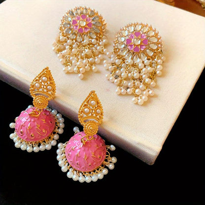 Pair of Luxurious Bohemian Vintage Ethnic Round Drop Earrings with Imitation Imitation Pearl, Gemstone Accents & Tassel Details