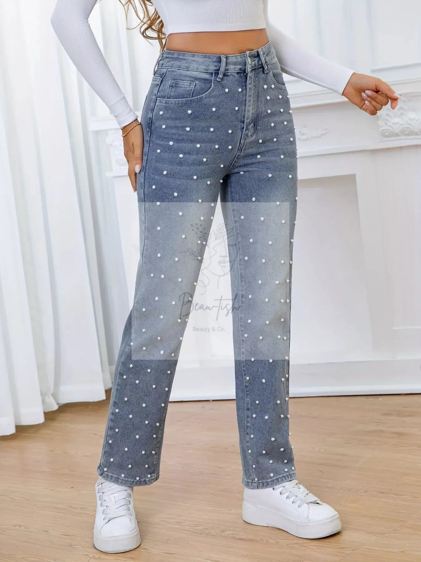 Pearl Embellished High Waist Straight Jeans